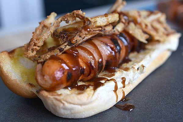 Bacon Wrapped BBQ Hotdogs with Crispy Buttermilk Onion Rings