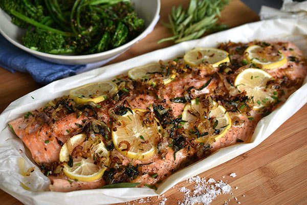 Salmon with herbed butter and crispy shallots